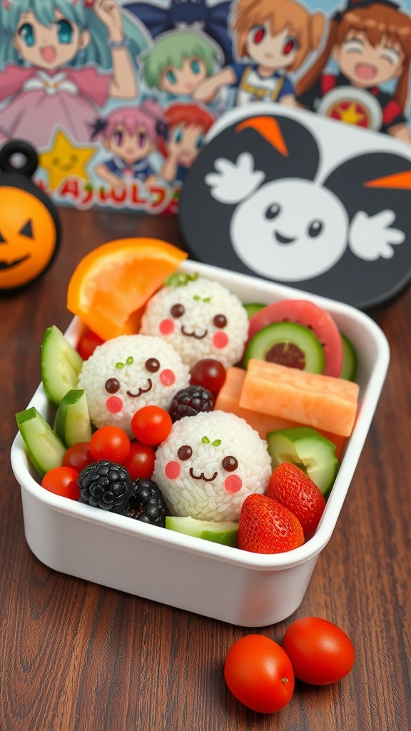 A vibrant bento box filled with rice balls, vegetables, and fruits inspired by anime, displayed on a themed table.